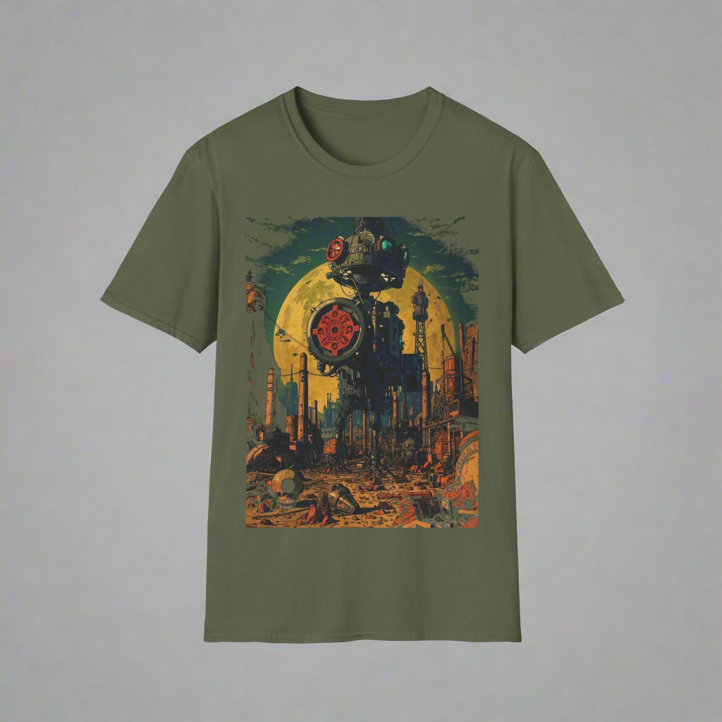 Green t-shirt with a graphic design of a robot and cityscape