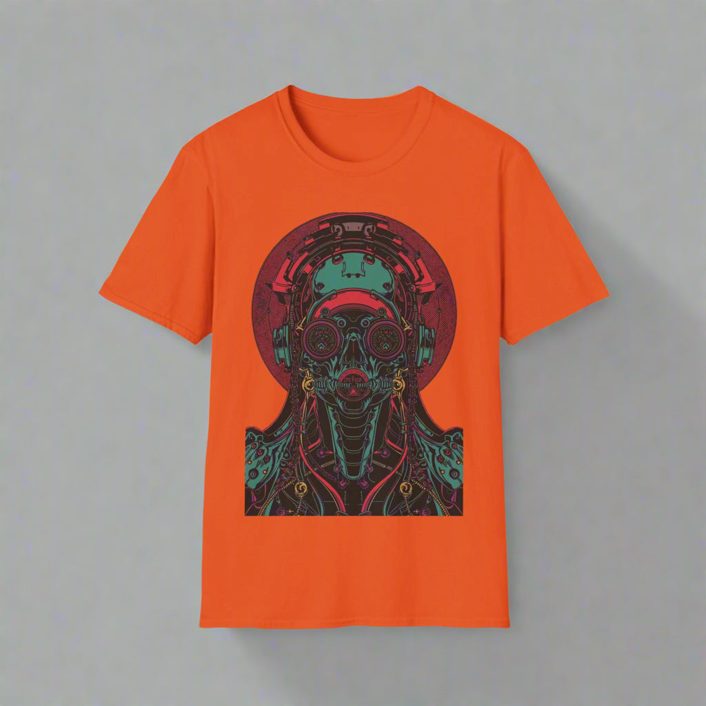 Orange t-shirt with a colorful graphic design