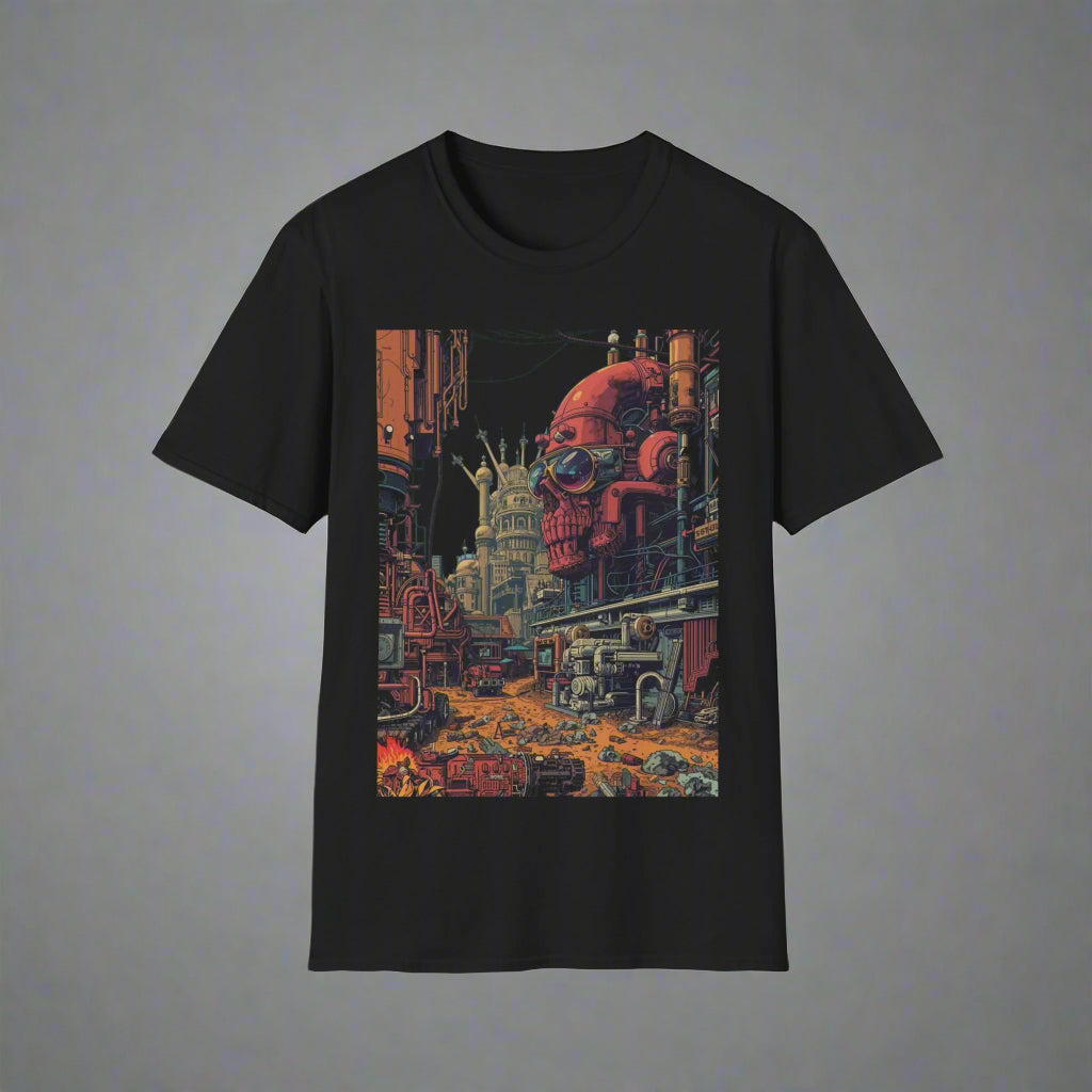 Black t-shirt with a colorful graphic design