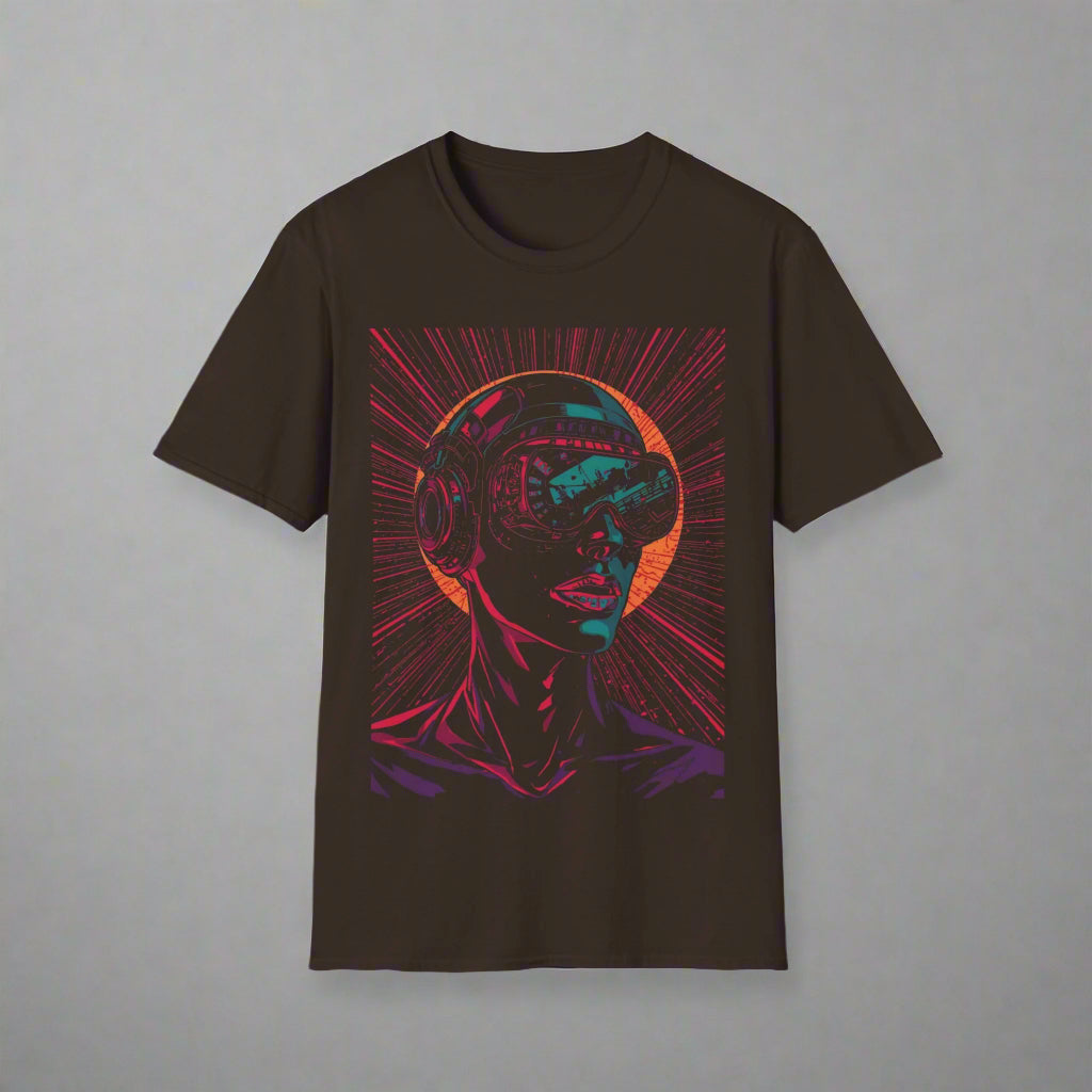 Black t-shirt with a colorful graphic design