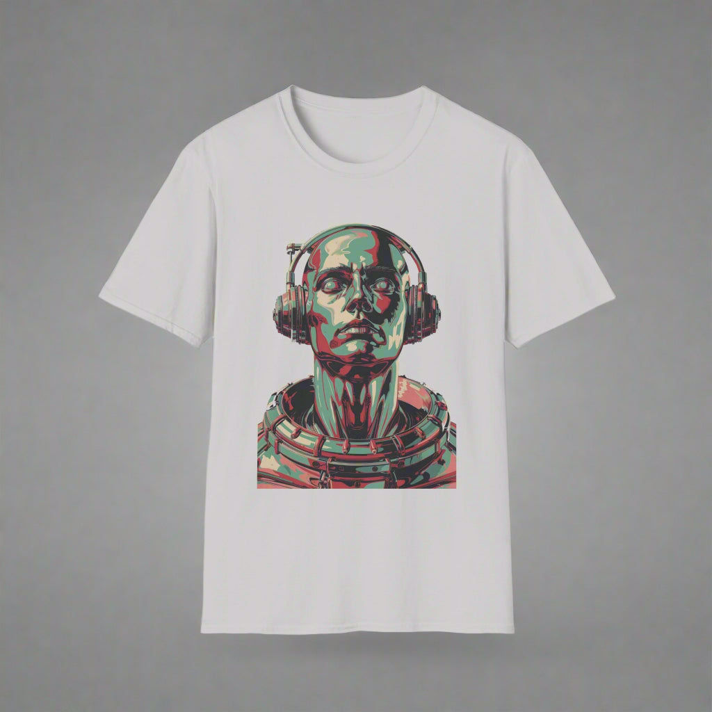 Gray t-shirt with a graphic design of a person wearing headphones