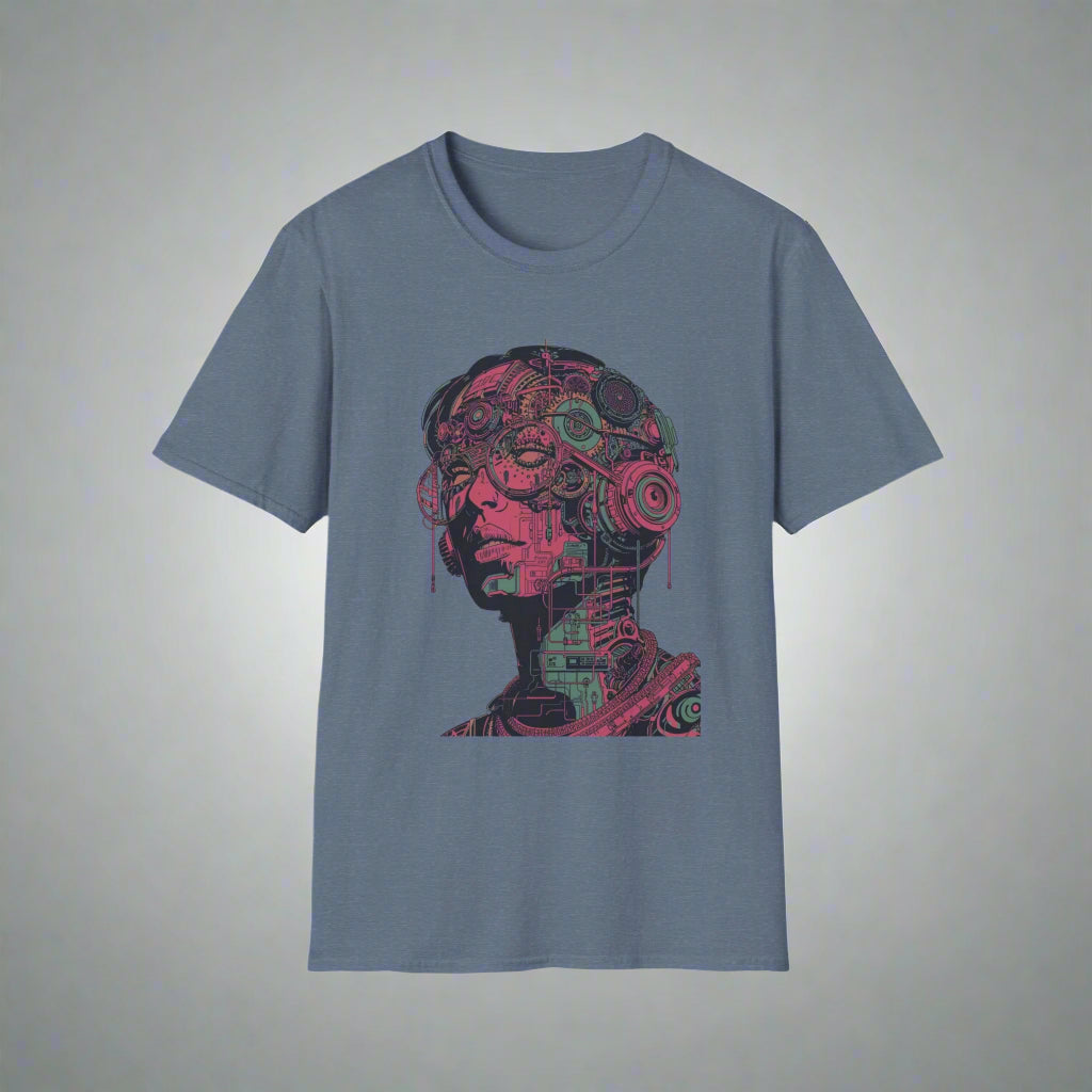 Blue t-shirt with a colorful mechanical head design