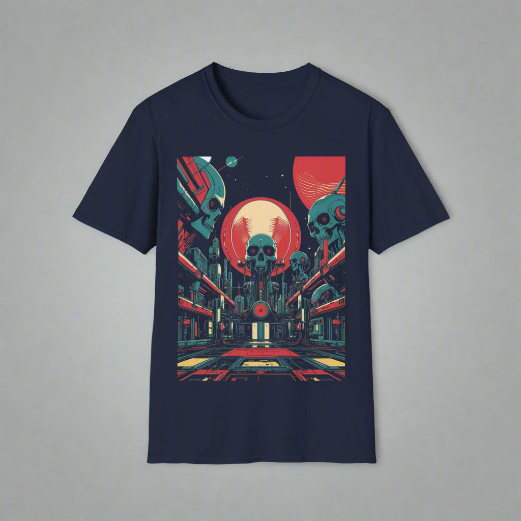 Navy blue t-shirt with a futuristic design featuring skulls and abstract elements
