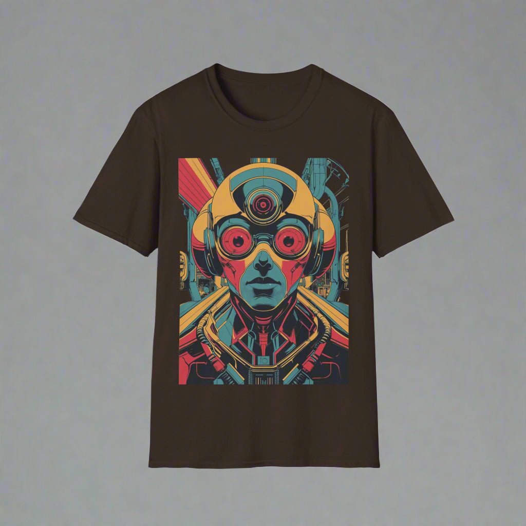 Black t-shirt with a colorful graphic of a futuristic helmet design