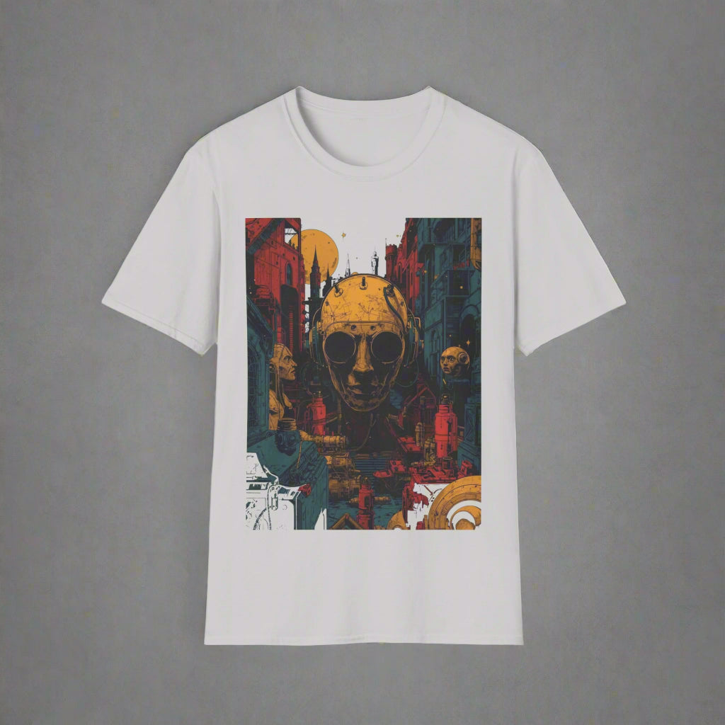 White t-shirt with a colorful graphic design