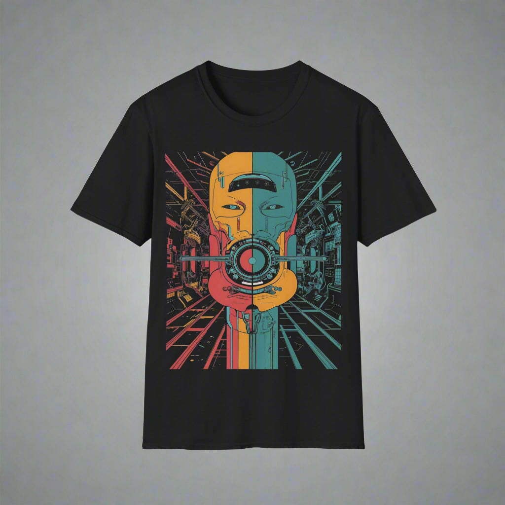 Black t-shirt with a colorful graphic design