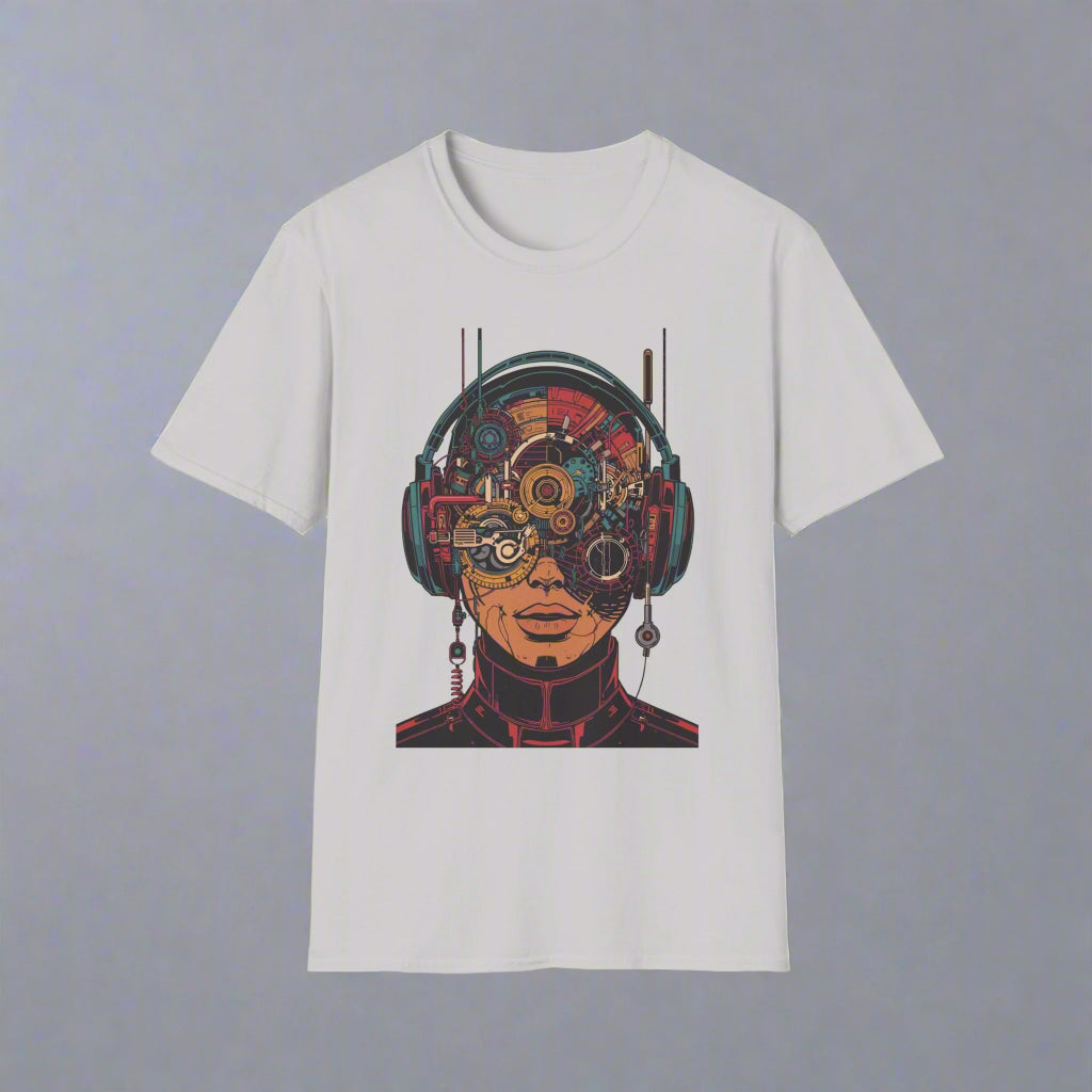 White t-shirt with a colorful graphic of a person wearing headphones and goggles
