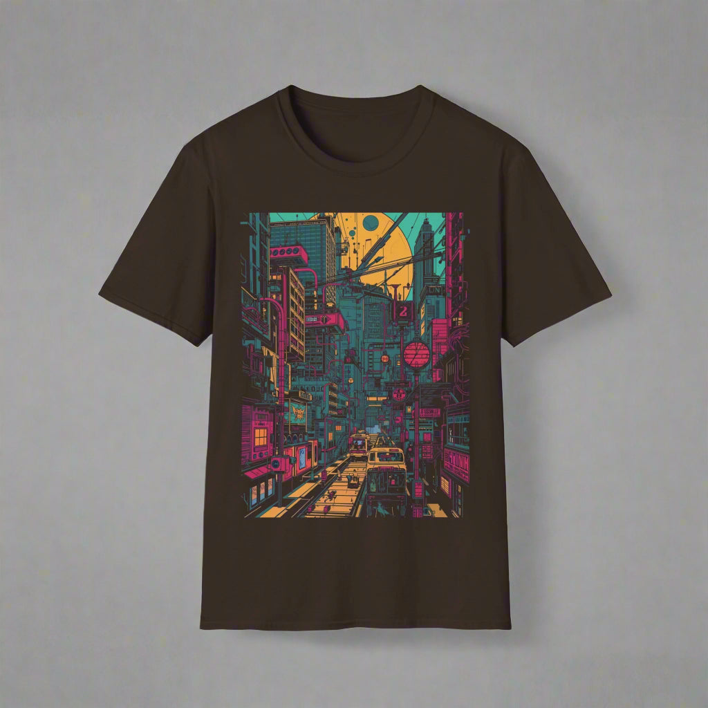 Black t-shirt with a colorful cityscape graphic