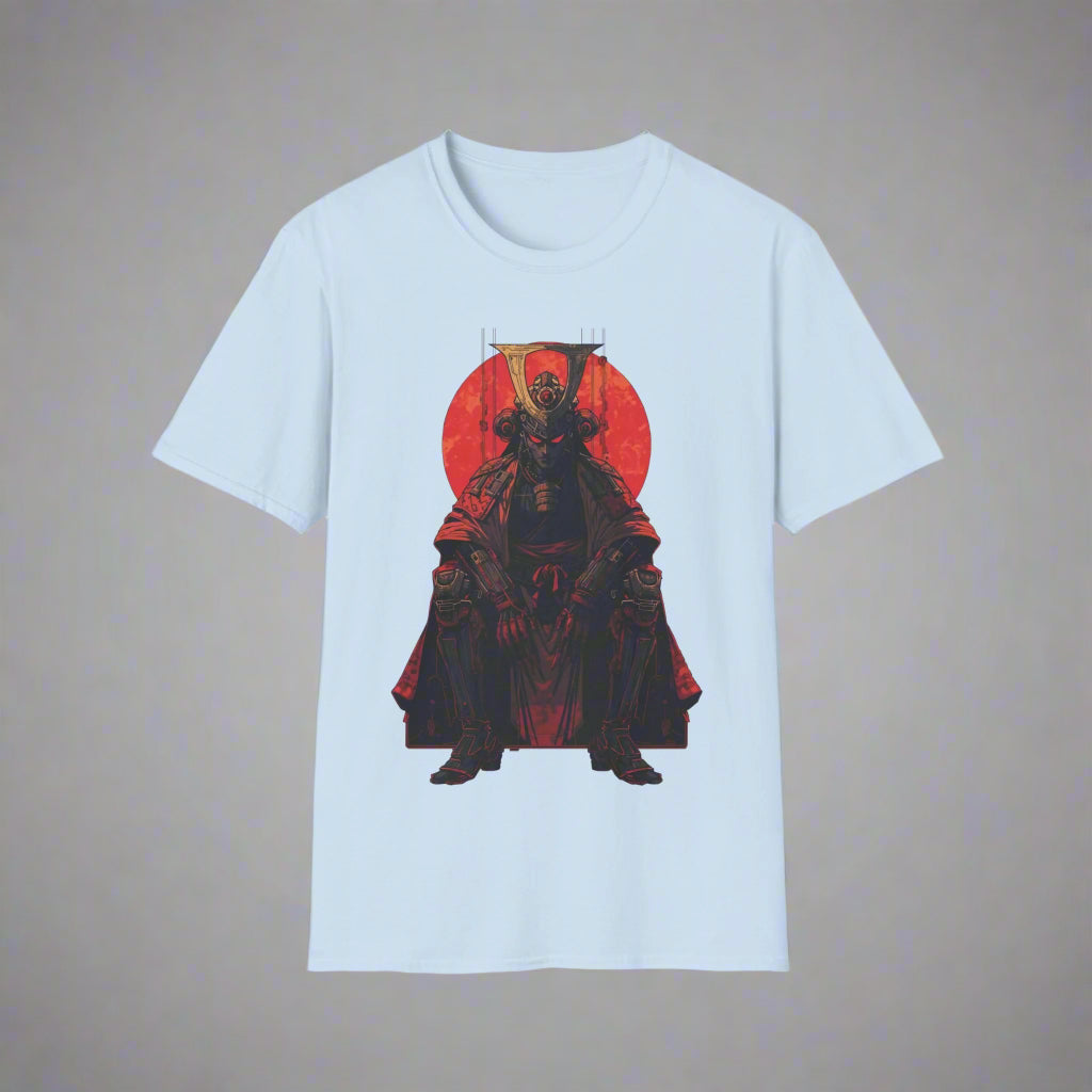 Light blue t-shirt with a graphic of a character in a red circle