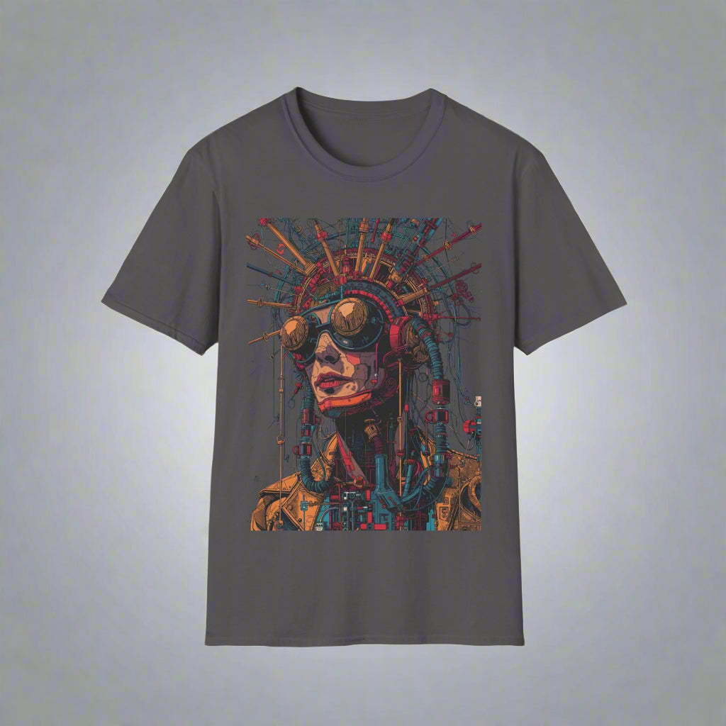 Gray t-shirt with a colorful graphic design