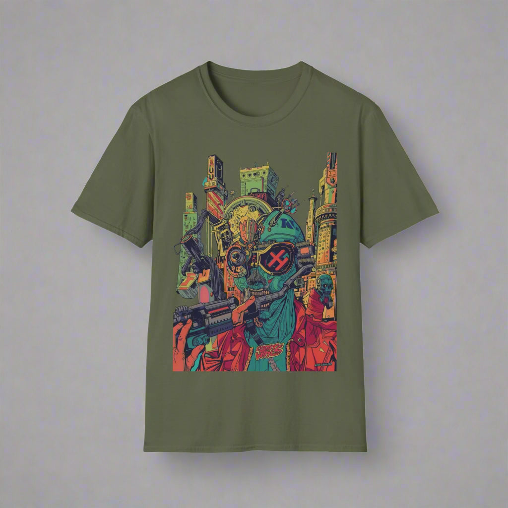 Green t-shirt with a colorful graphic design