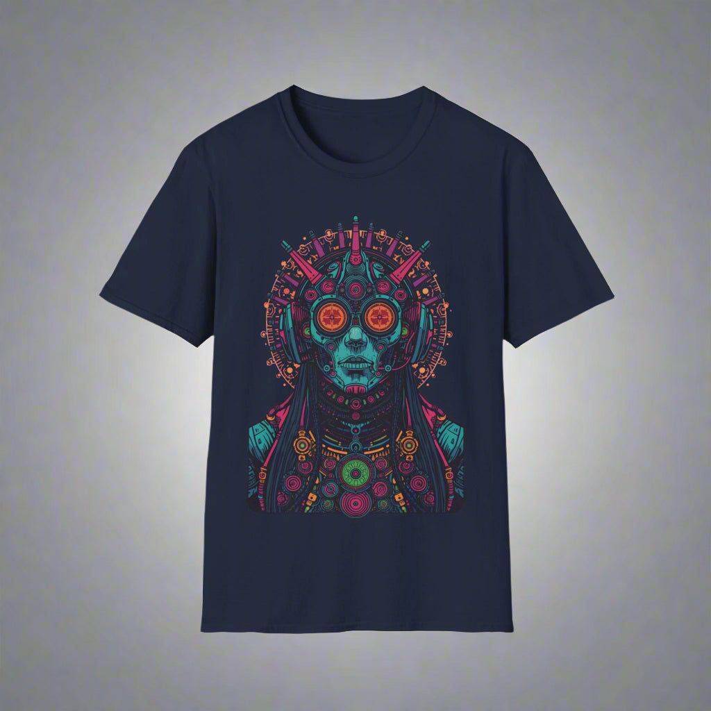 Navy blue t-shirt with a colorful graphic design
