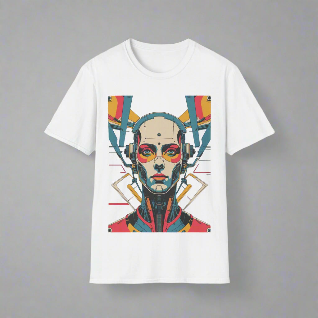 White t-shirt with a colorful robot graphic
