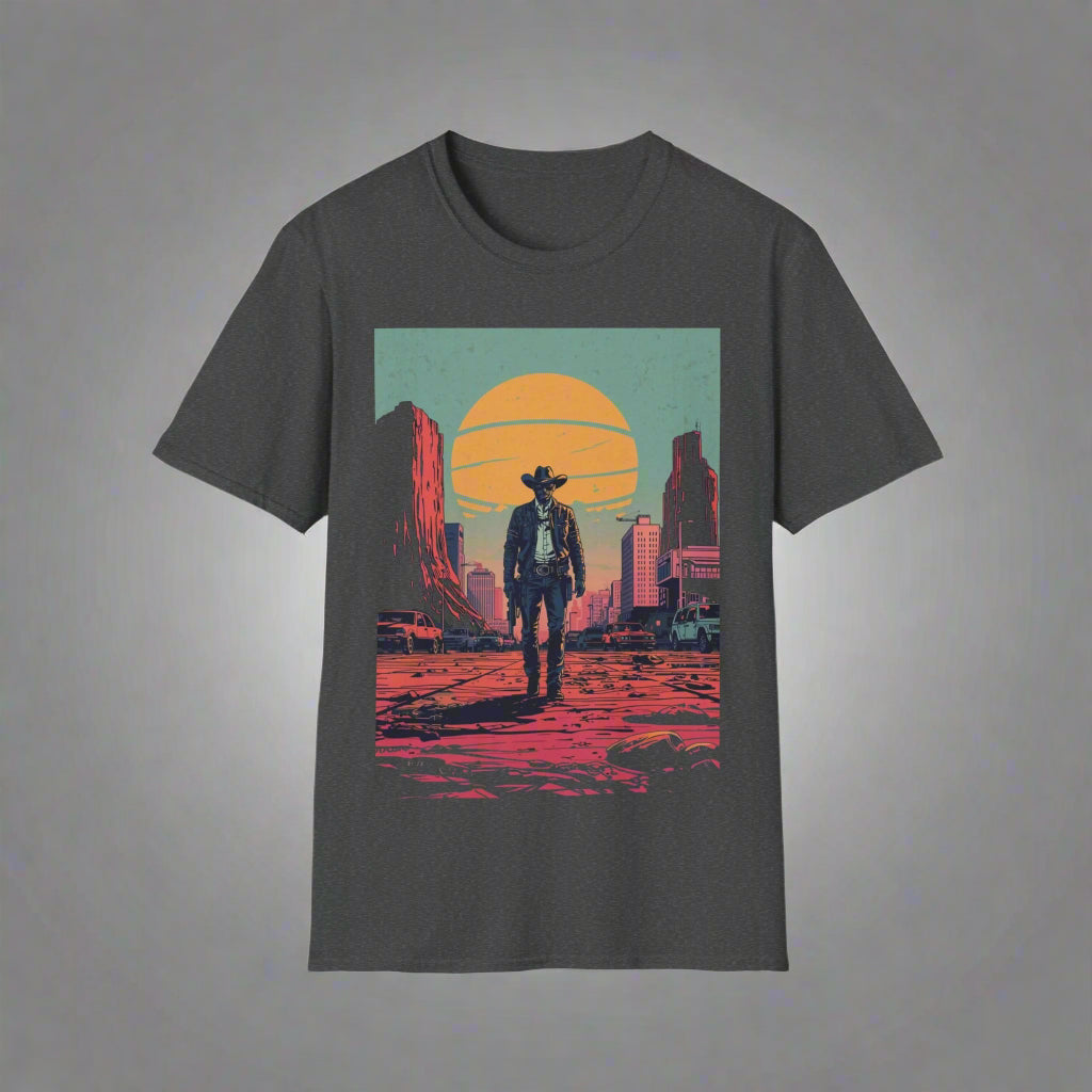 Dark gray t-shirt with a graphic of a cowboy