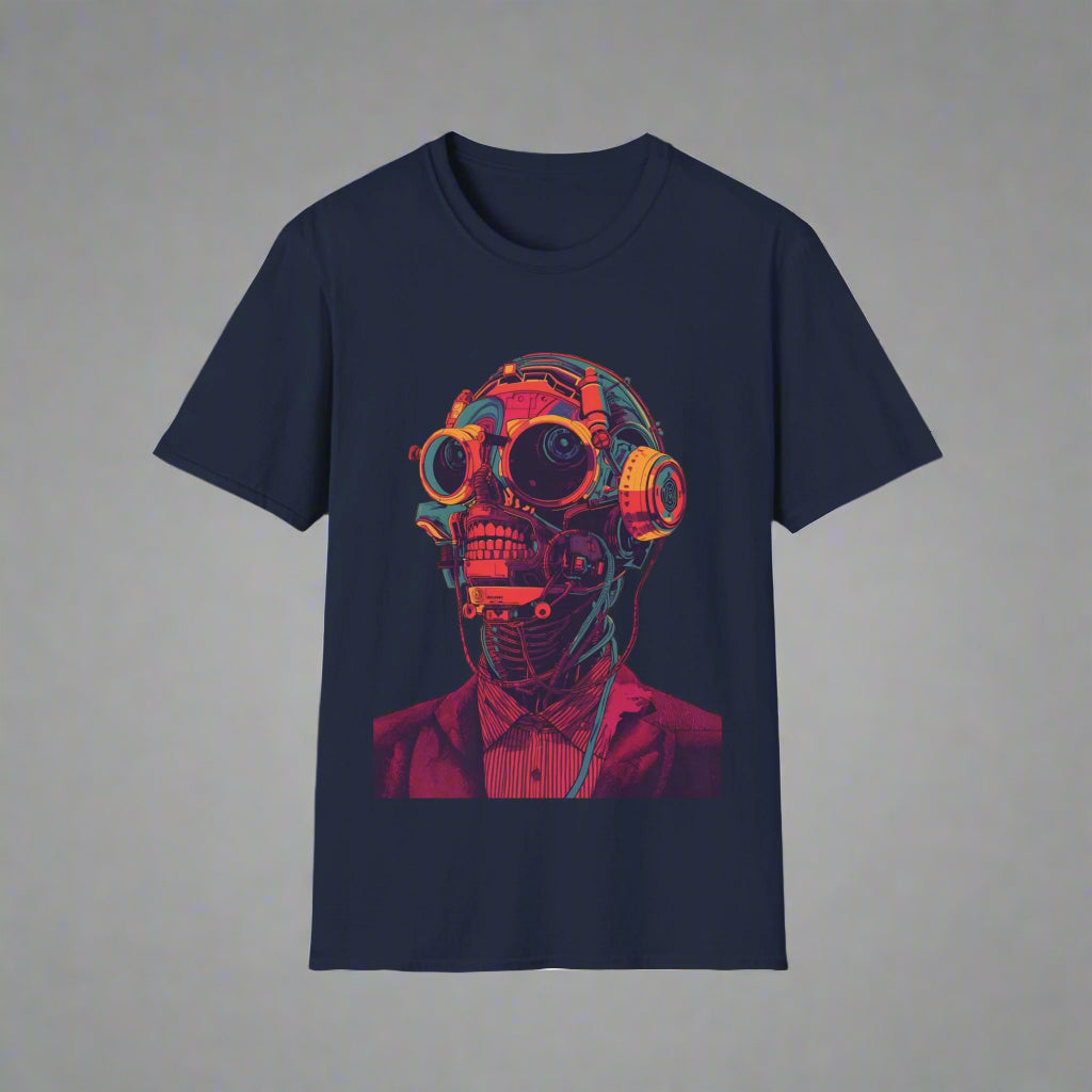 Navy blue t-shirt with a colorful graphic of a skull wearing goggles