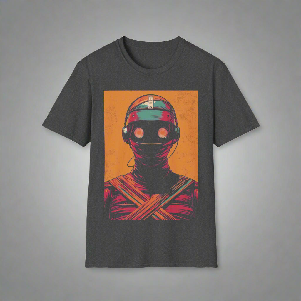 Black t-shirt with a robot graphic on an orange background