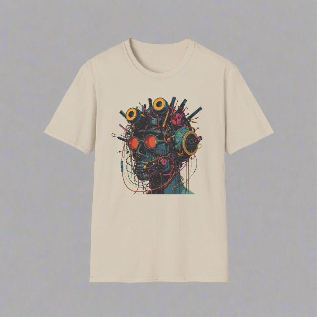 Beige t-shirt with a colorful abstract design
