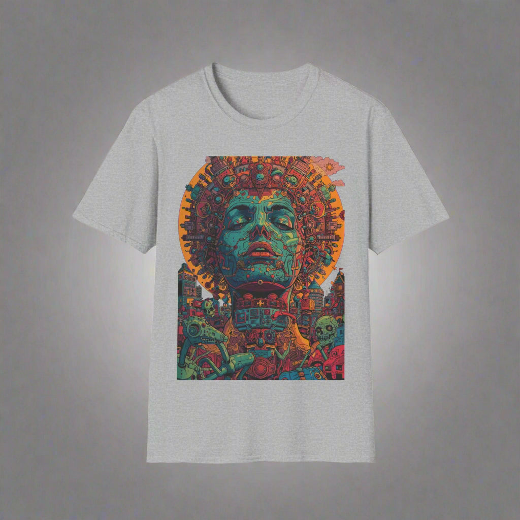 Gray t-shirt with a colorful Mayan head design