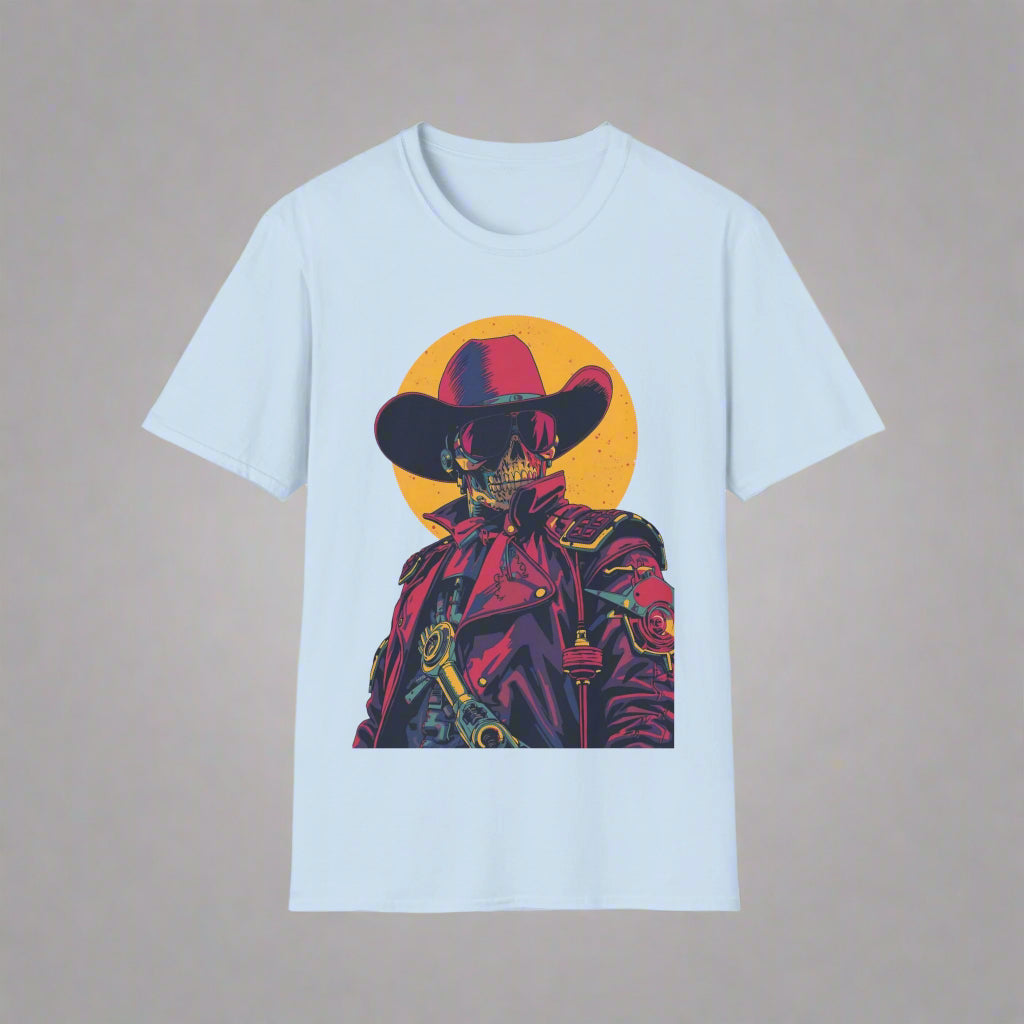 Light blue t-shirt with a colorful graphic of a skeleton in a cowboy outfit