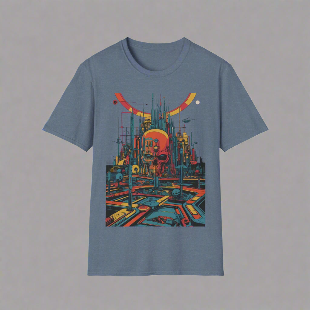 Blue t-shirt with a colorful cityscape graphic