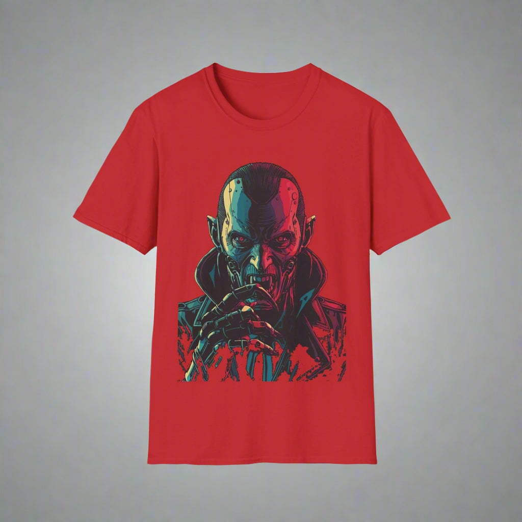 Red t-shirt with a graphic design of a character