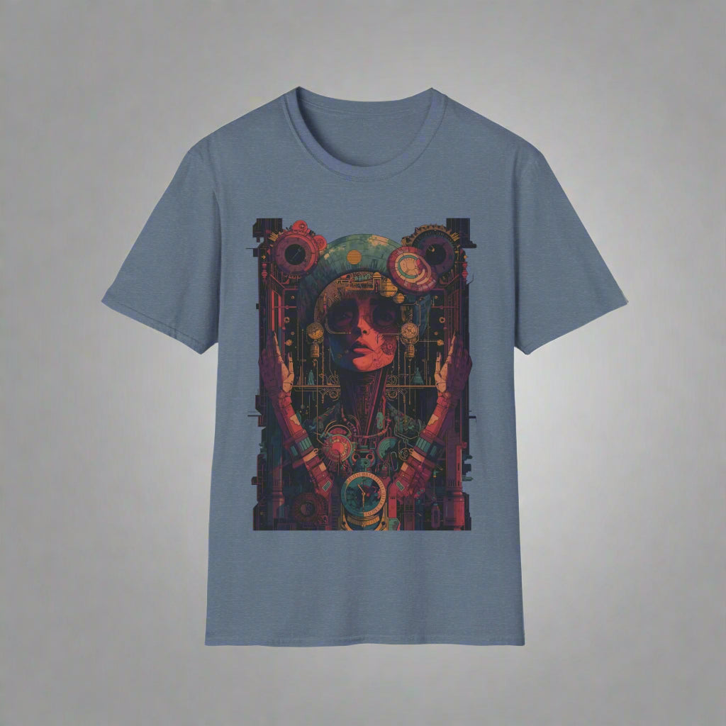 Blue t-shirt with a colorful graphic design