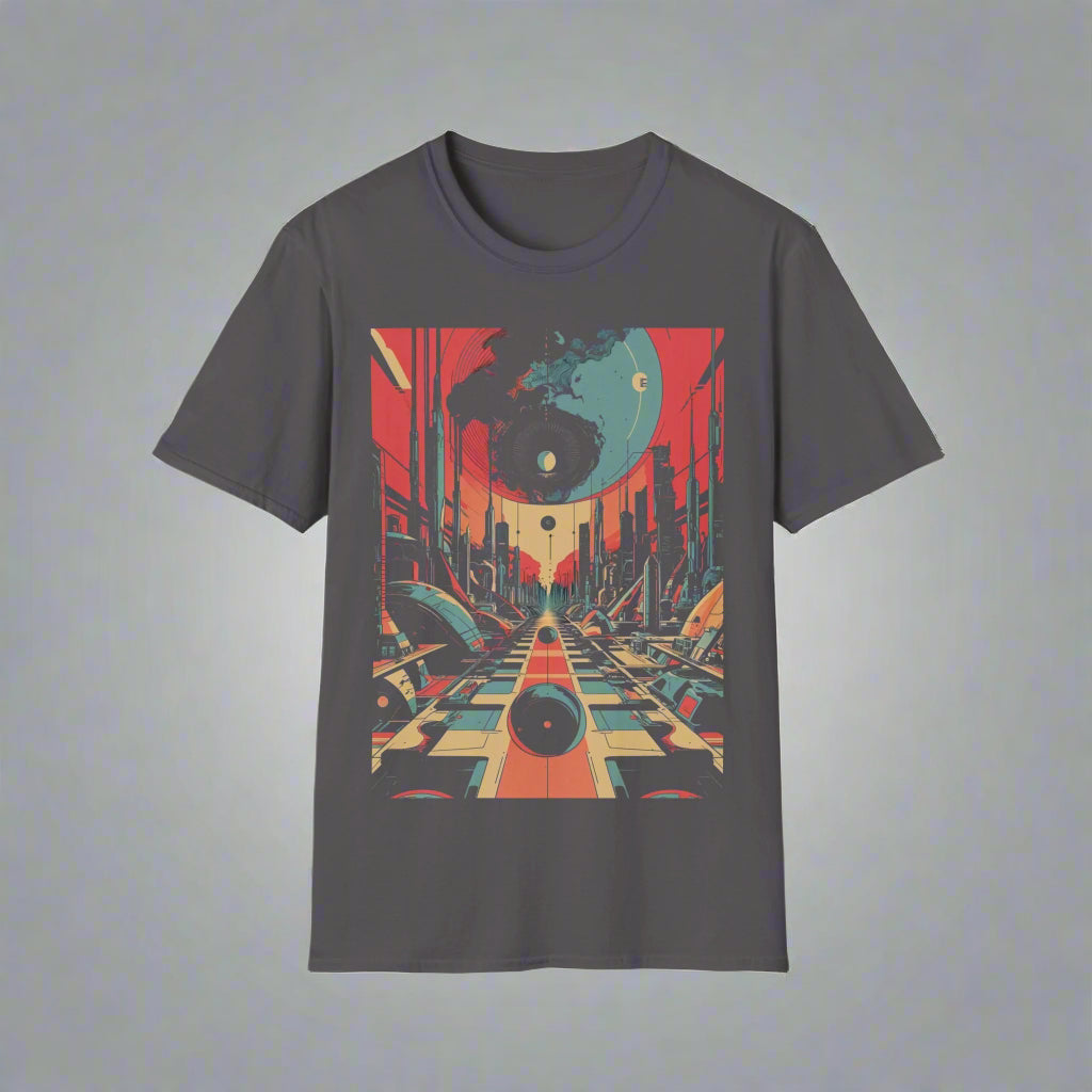 Gray t-shirt with a colorful abstract design