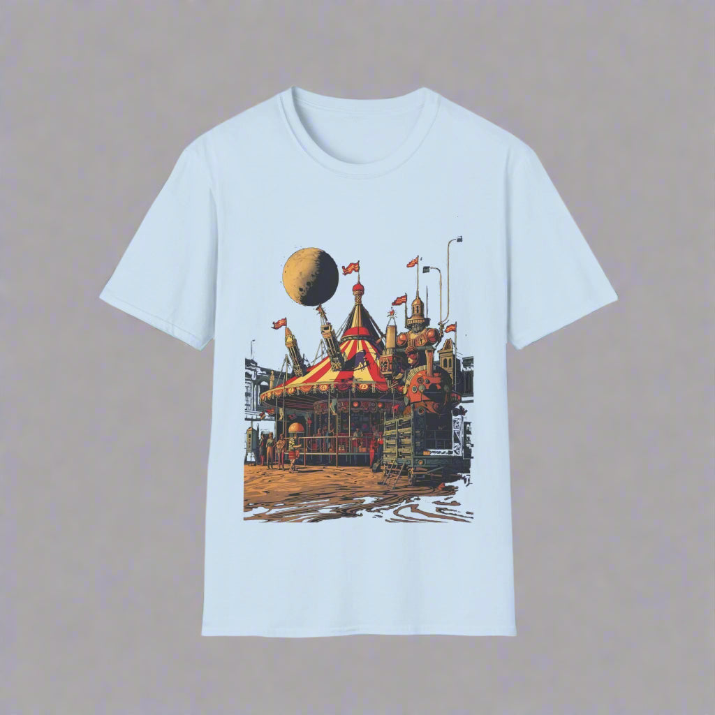 Light blue t-shirt with a colorful graphic design