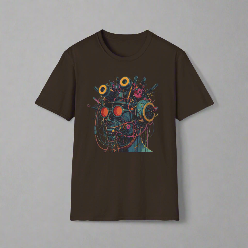 Black t-shirt with a colorful abstract design
