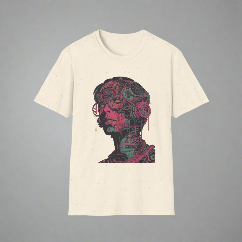 Beige t-shirt with a graphic of a stylized face with mechanical elements
