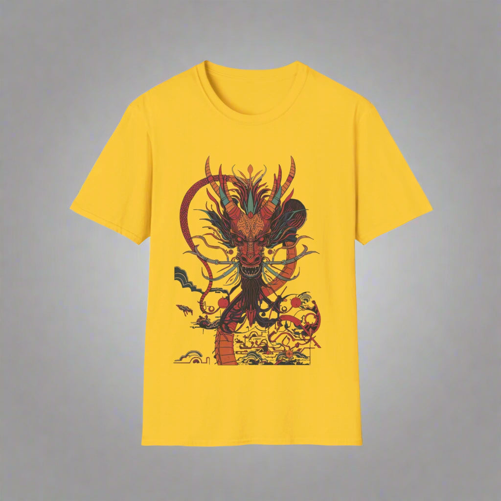 Yellow t-shirt with a dragon graphic design