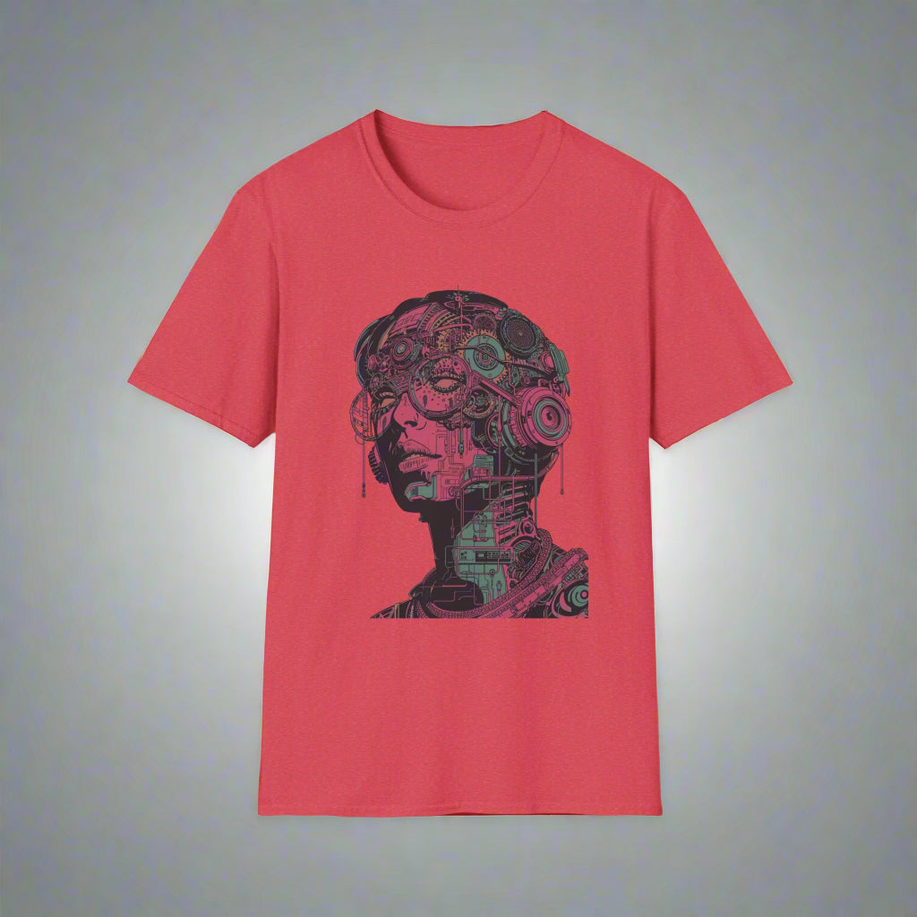 Red t-shirt with a mechanical face design