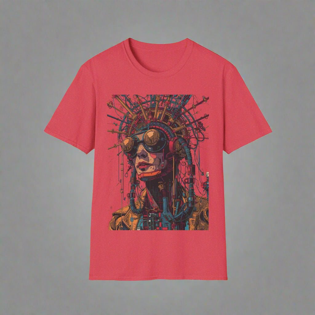 Red t-shirt with a graphic design of a face with goggles and mechanical elements