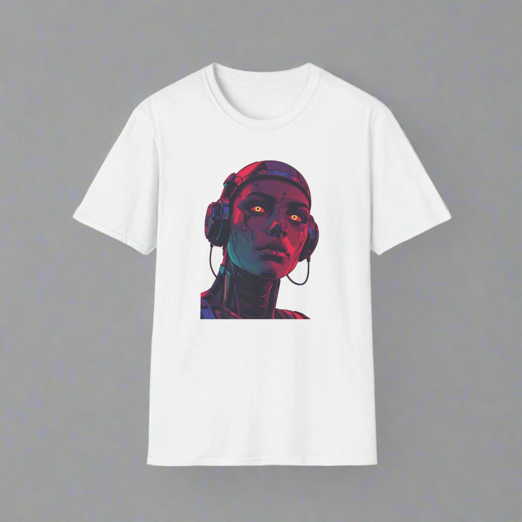 White t-shirt with a colorful graphic of a person wearing headphones