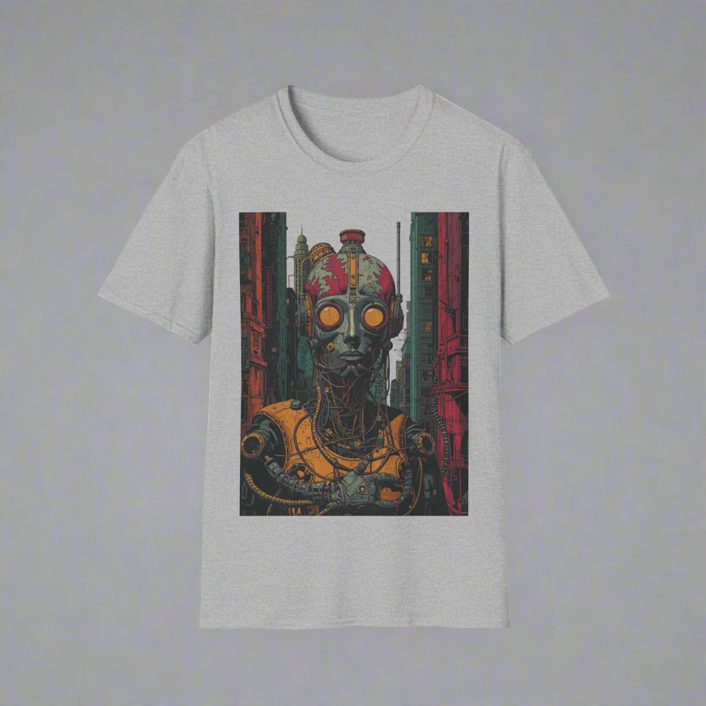 Gray t-shirt with a graphic design of a robot-like figure