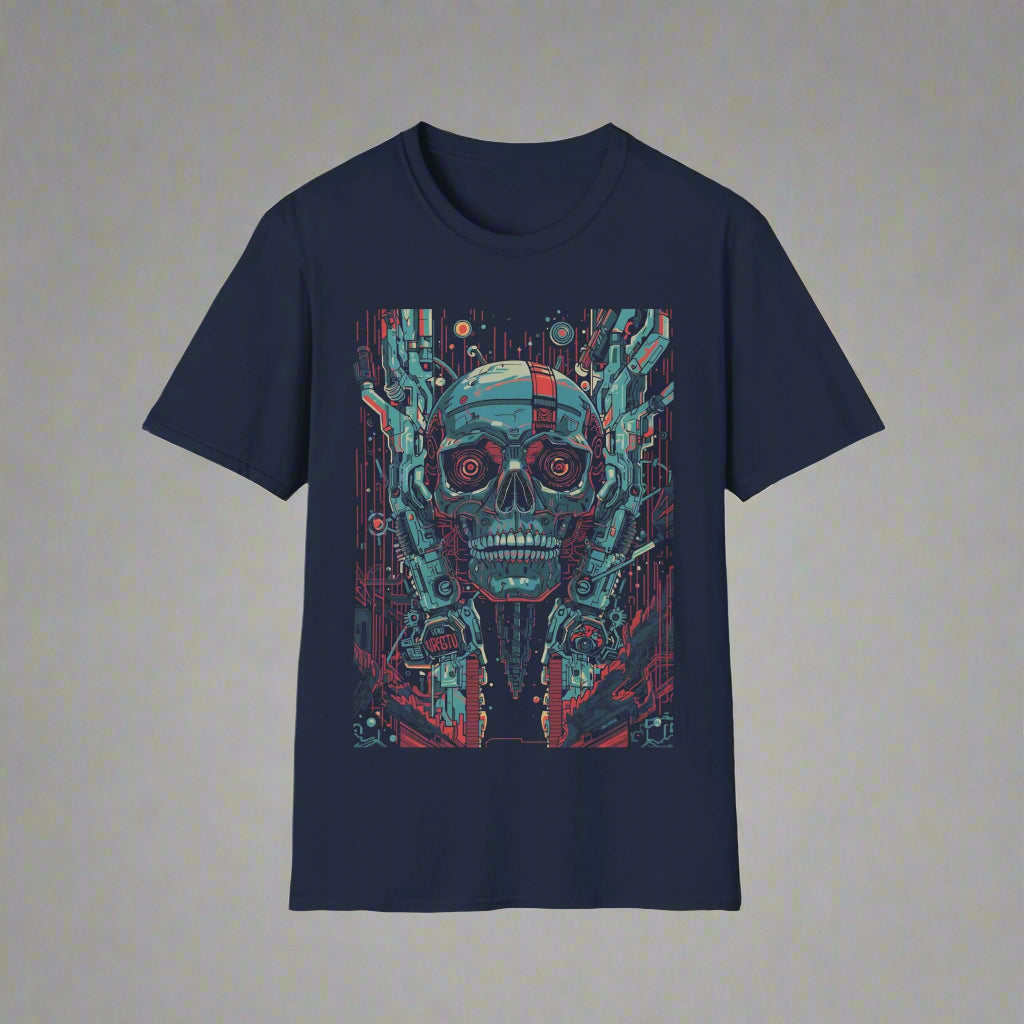 Navy blue t-shirt with a graphic design of a skull and mechanical elements