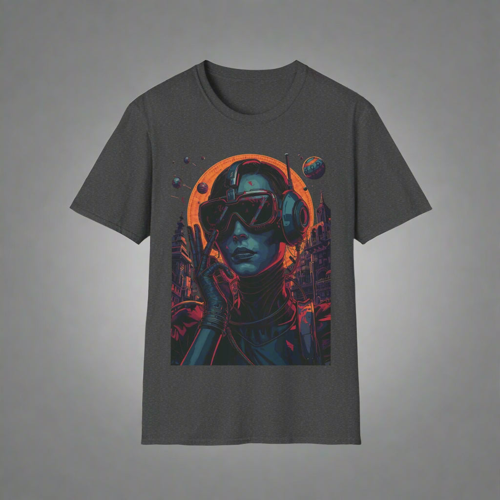 Dark gray t-shirt with a futuristic design of a person in a helmet and goggles