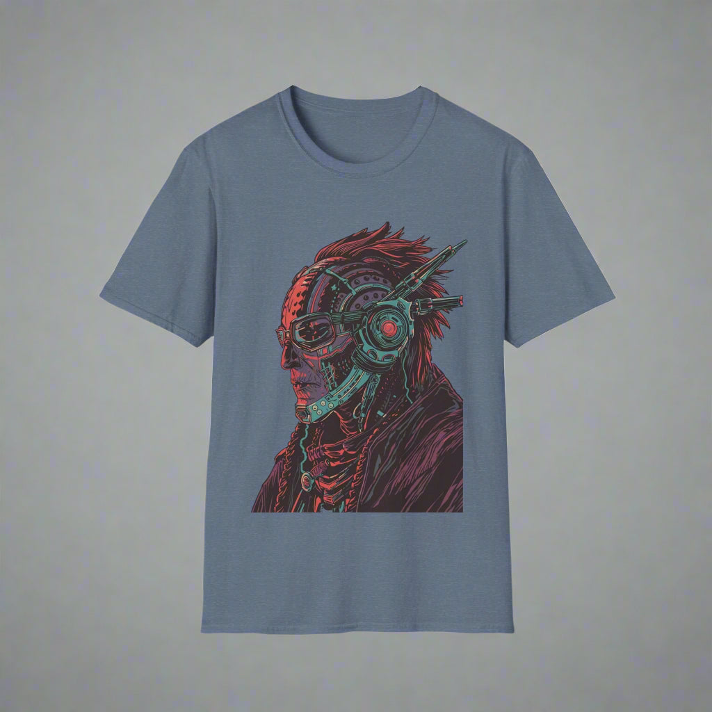 Blue t-shirt with a graphic design of a person with red eyes and a futuristic helmet