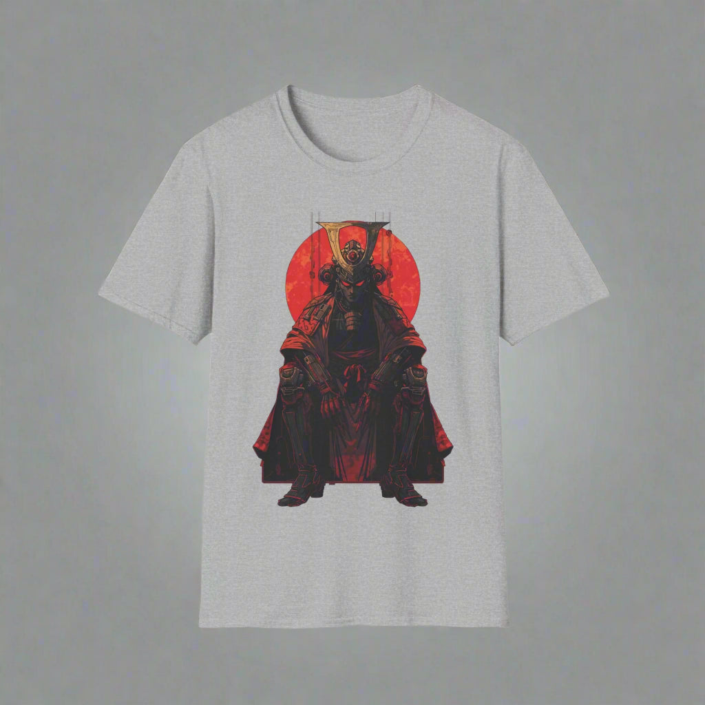 Gray t-shirt with a graphic of a character in a red circle