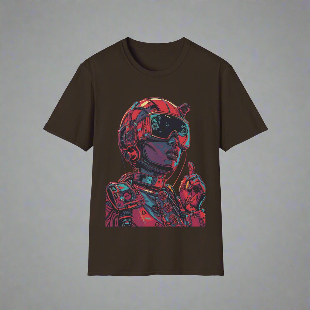 Black t-shirt with a colorful robot graphic