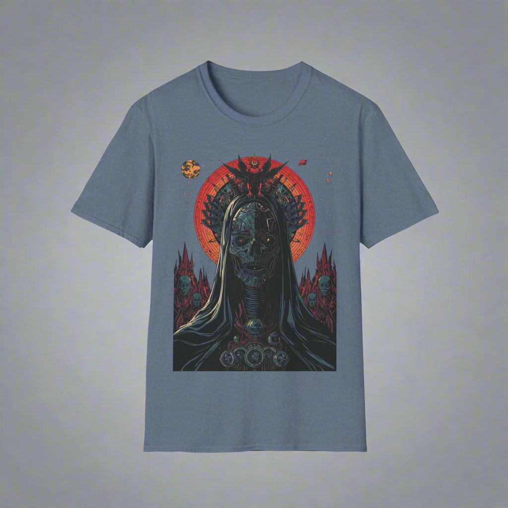 Blue t-shirt with a graphic design of a hooded figure and red sun