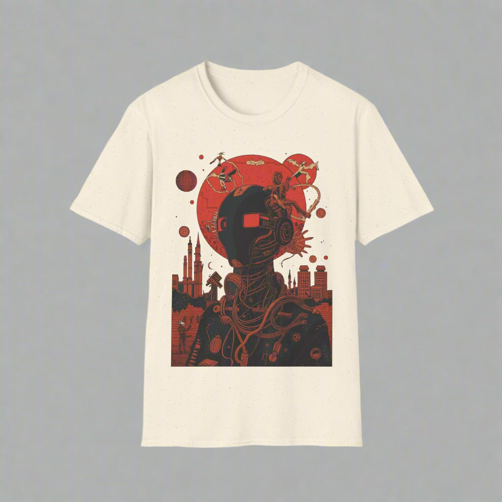 Beige t-shirt with a red and black graphic design