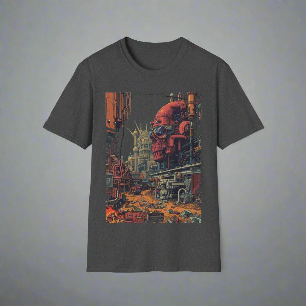 Dark gray t-shirt with a colorful graphic of a robot in an urban setting