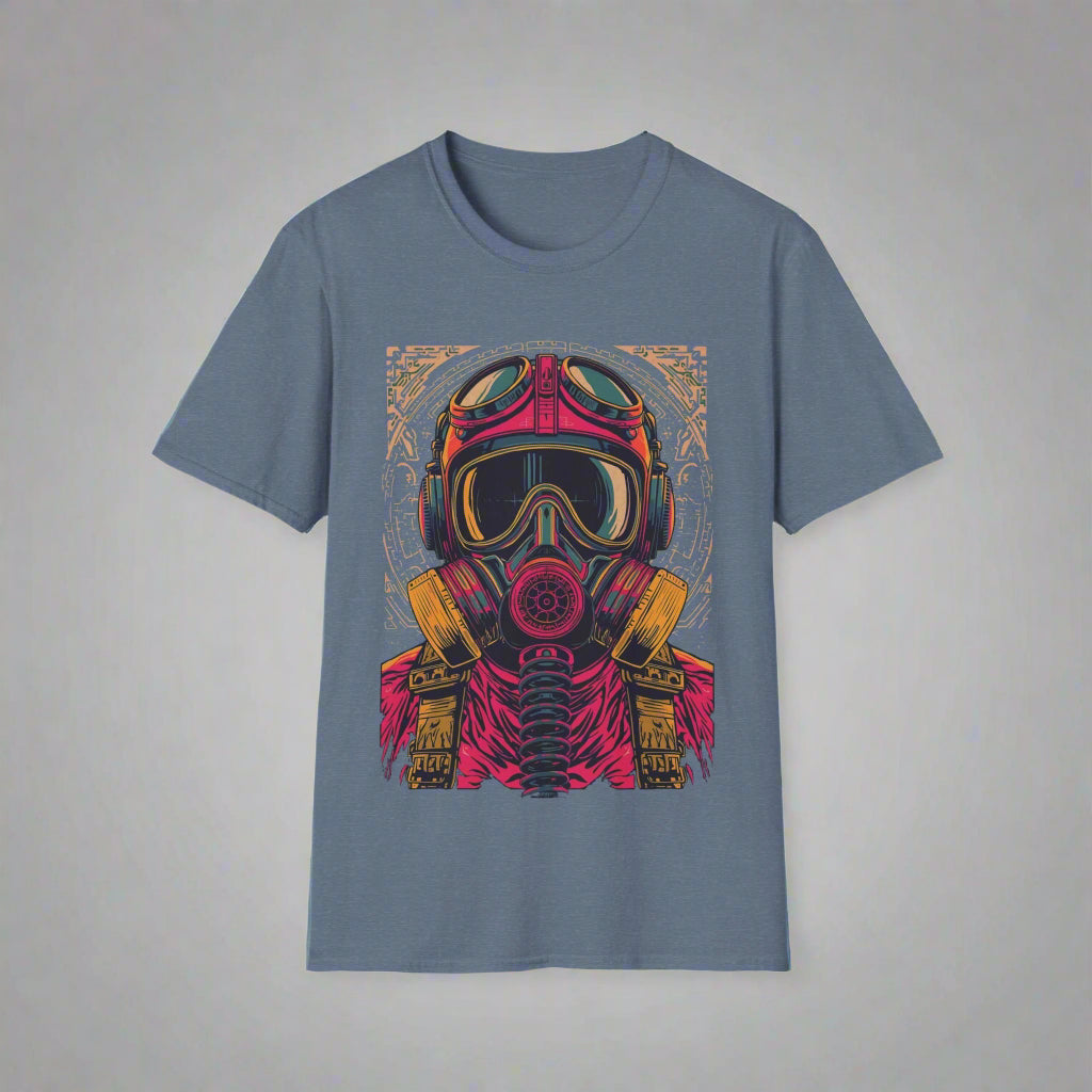 Blue t-shirt with a colorful graphic of a helmet and gas mask