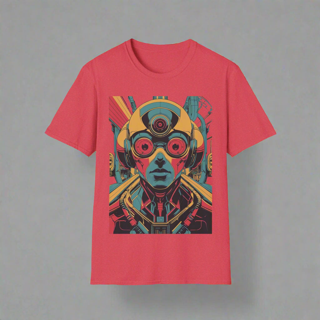 Red t-shirt with a colorful graphic design