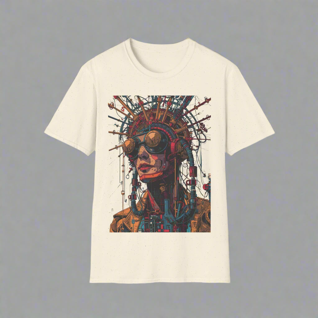 Beige t-shirt with a graphic design of a stylized face