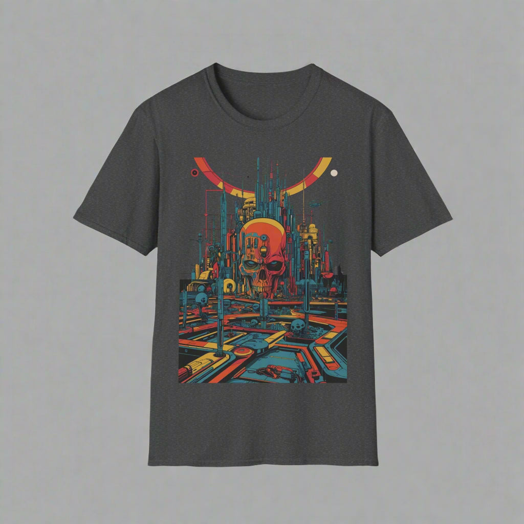 Dark gray t-shirt with a colorful abstract design