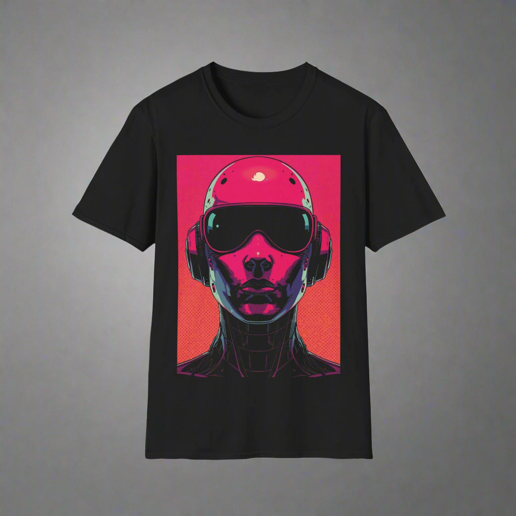 Black t-shirt with a futuristic robot design