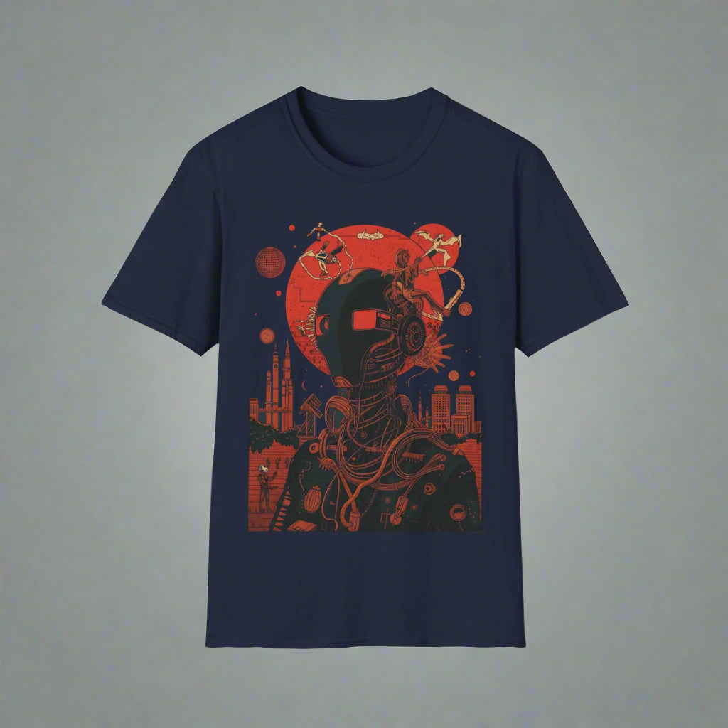 Navy blue t-shirt with red and black graphic design