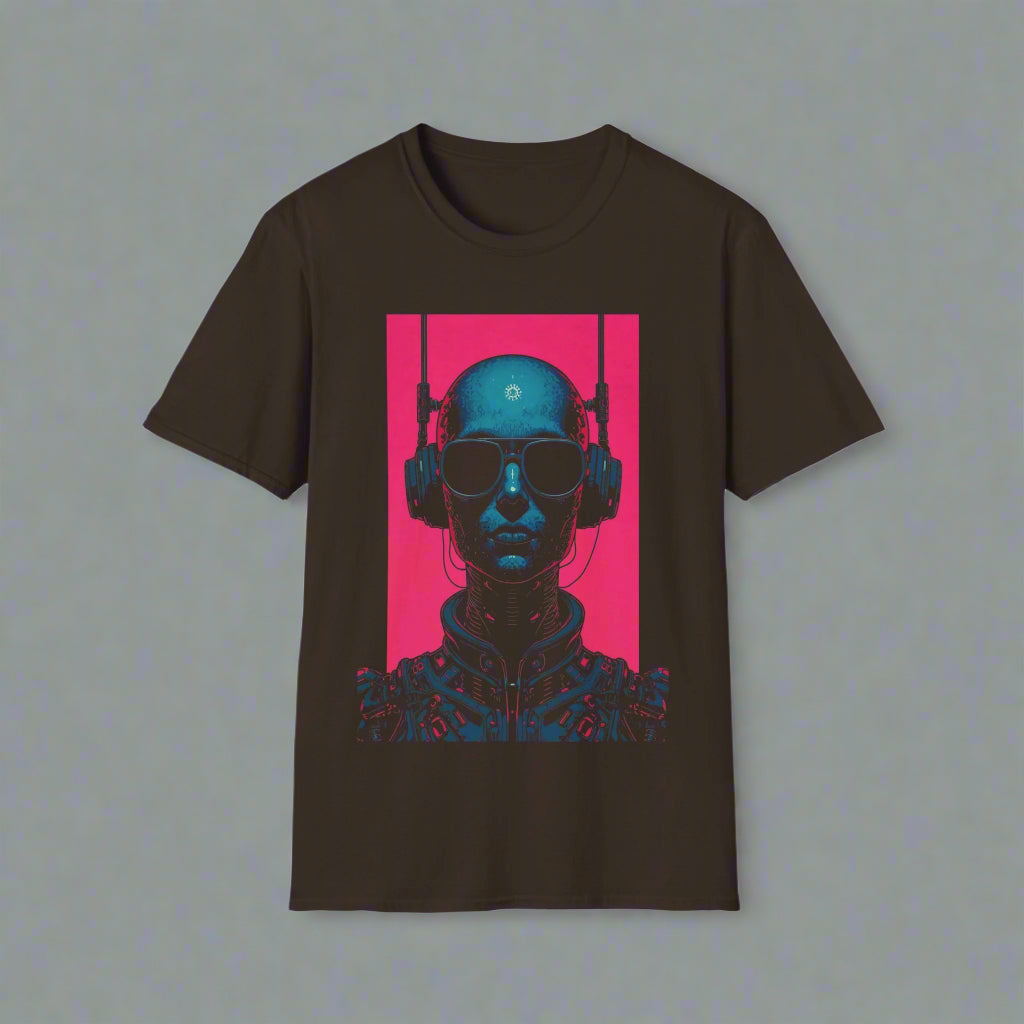 Black t-shirt with a graphic of a person wearing headphones and sunglasses